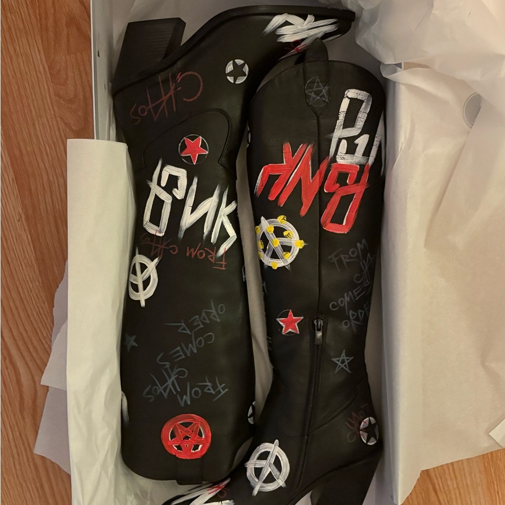 Black Graphic Knee-High Boots